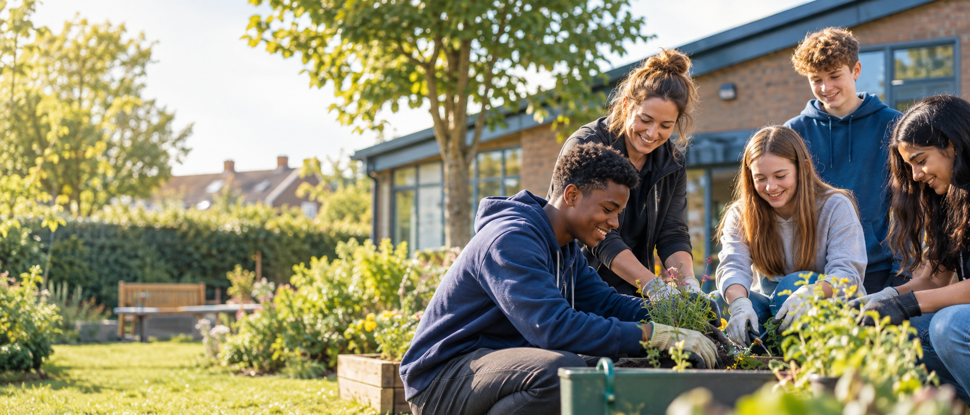Young people and a youth worker planting together in a community garden